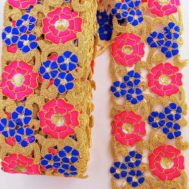Floral Embroidery Indian Trim With Gold Sequins, Fuchsia Pink, Blue & Gold